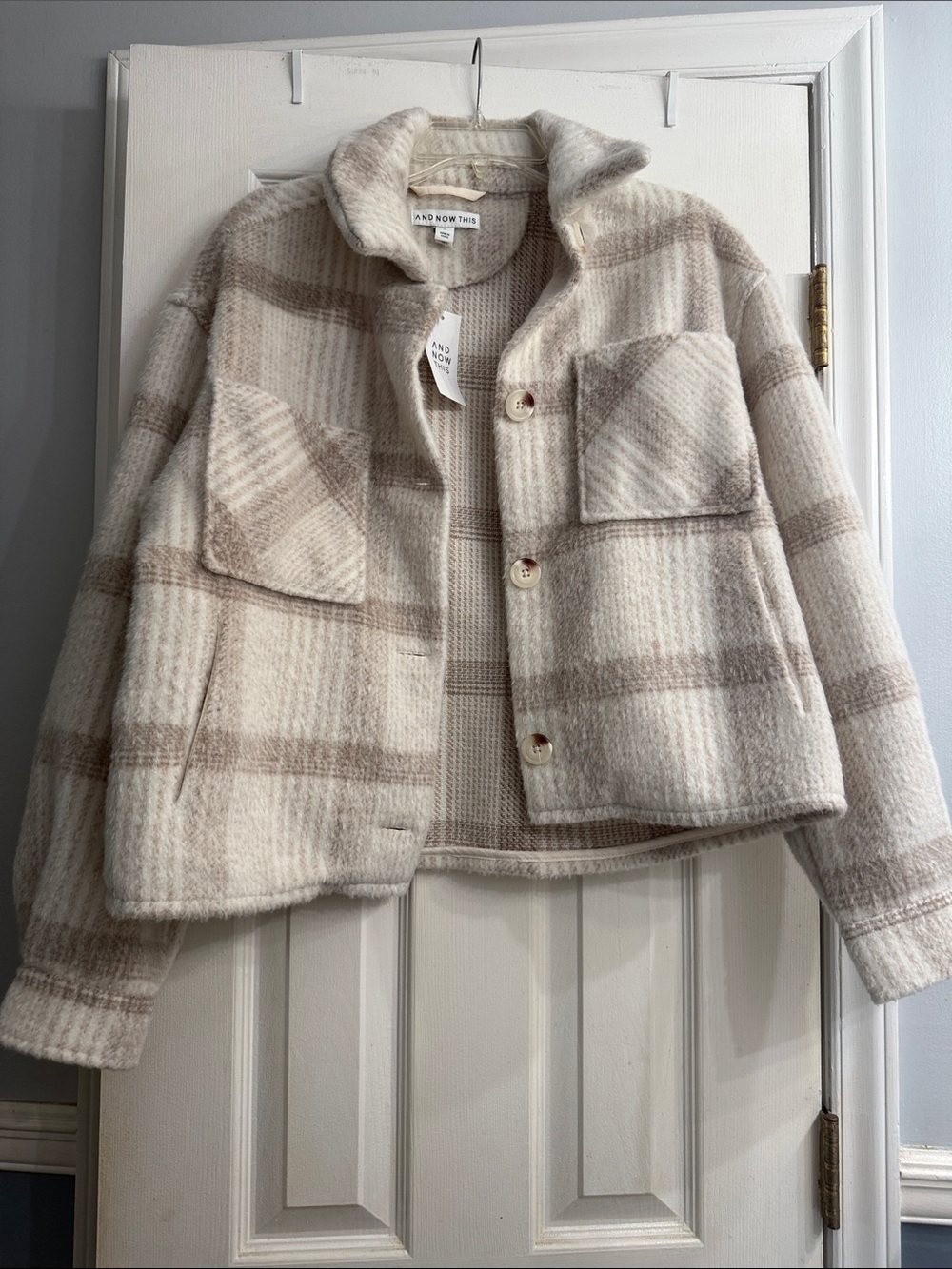 And Now This Plaid Shacket Jacket in Cream & Beige size M